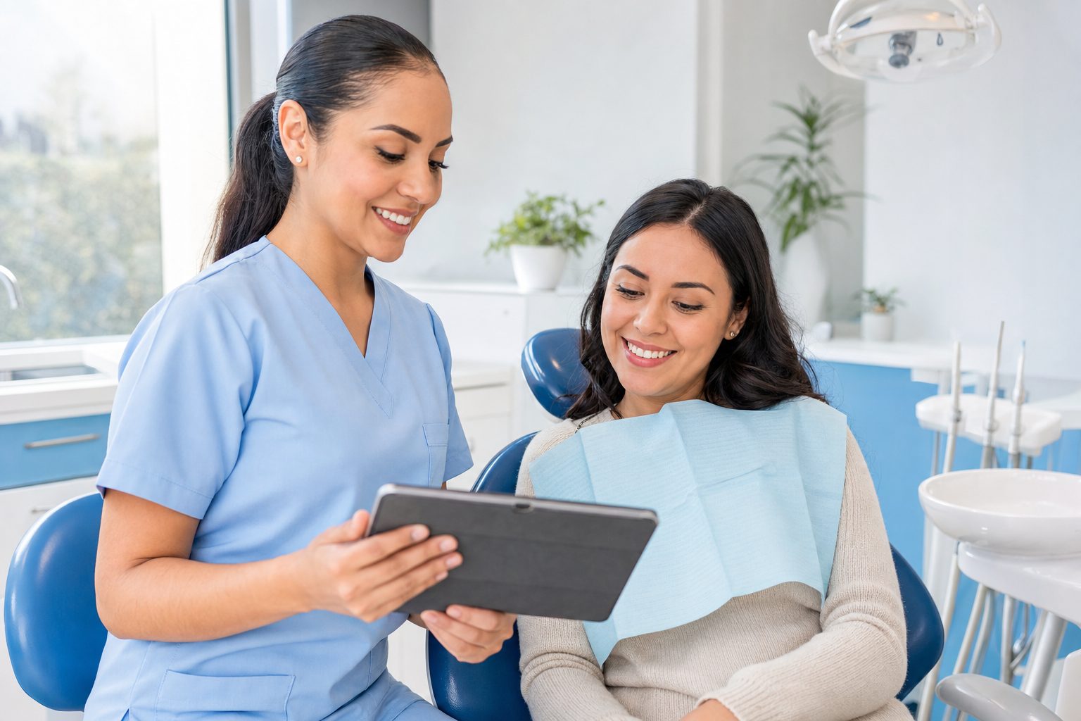 Doctora atendiendo a una paciente sonriente